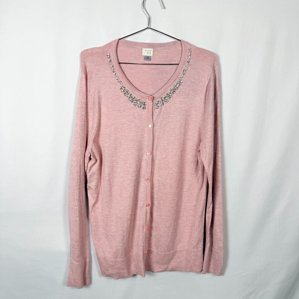 A New Day Pink Embellished Collar Cardigan Sweater Rhinestone Button Front XXL